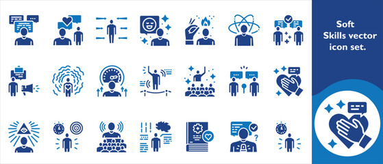 Soft skills vector icon set, strategy, workplace, symbol, solution, achievement, networking, employee, pictogram, honesty, productivity, collaboration, creation, initiative and more