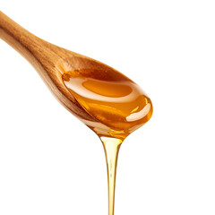 Golden liquid honey dripping from a light brown wooden spoon isolated on a white background.