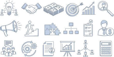 Fototapeta premium Business Strategy Doodle Icons Isolated on White, Hand Drawn Style