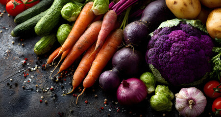 Food background with assortment of fresh organic vegetables