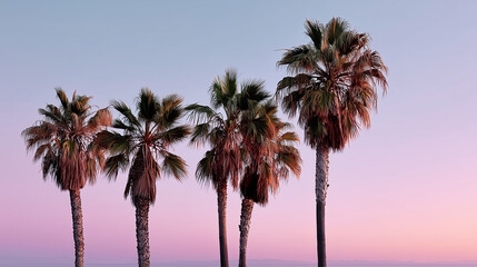 Pastel Sunset Palms &mdash; Tropical Paradise Landscape, Pink and Blue Sky, Summer Dream Atmosphere
