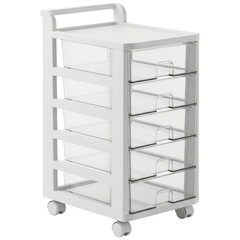 White rolling storage cart with five clear plastic drawers and top handle
