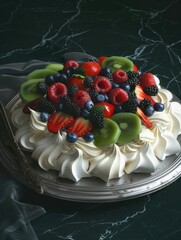 Delicate pavlova dessert garnished with an array of fresh berries and kiwi for a summer delight