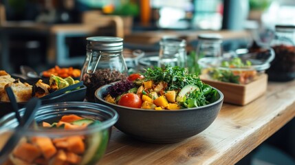 Assortment of organic salads on a buffet table at a restaurant