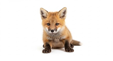 Fototapeta premium Adorable red fox cub stares directly with innocent eyes on a clean white background a captivating portrait. AI Generated