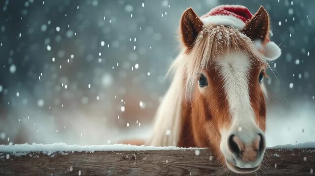 Cute pony wearing a hat in snowy landscape during holiday season