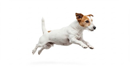 Playful brown and white dog joyfully leaps high mid-air against a brilliant clean white background showcasing pure energy. AI Generated