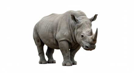 Obraz premium Majestic grey rhinoceros stands boldly isolated on a brilliant white background highlighting its raw power. AI Generated