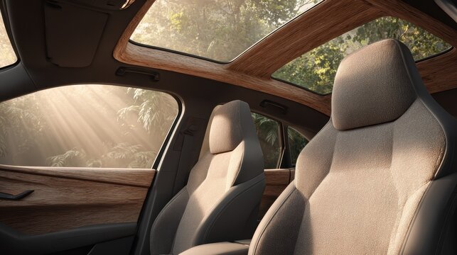 Car cabin interior with soft recycled PET fabric headliner and comfortable seats showcasing sustainable automotive upholstery design for eco friendly vehicle comfort and green manufacturing innovation