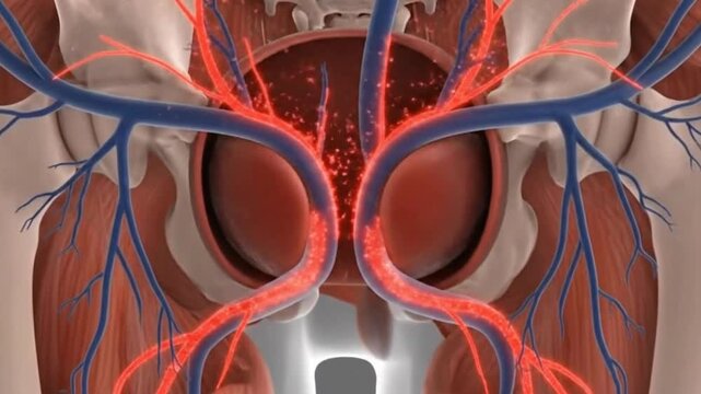 Pelvic Region Anatomy with Hip Bones and Blood Vessels in Red and Blue Tones Medical Animation for Education and Research