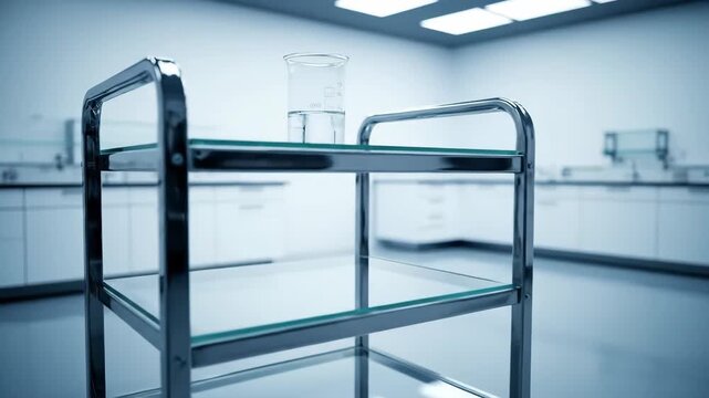 Empty Modern Science Laboratory with Stainless Steel Cart and Glassware.