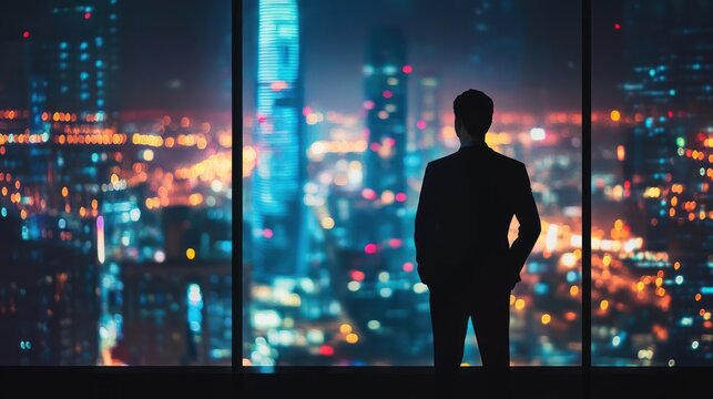 Businessman's silhouette gazing at dazzling cityscape from high-rise office