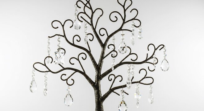 Elegant dark metal tree sculpture sparkles brilliantly with many hanging crystal clear ornaments on a bright background. AI Generated - Powered by Adobe