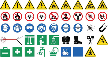 Collection of Hazard Warning Symbols & Prohibition Signs Icons with Transparent Background