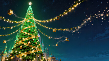 Bright and festive holiday scene featuring a large decorated Christmas tree with golden ribbons and sparkling lights against a night skyline