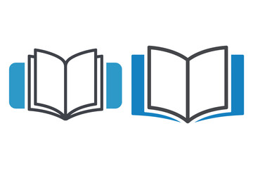 Two open books icons, one in blue and black, the other in black outline vector