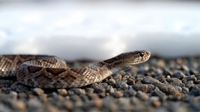 A young venomous rattlesnake on a gravel surface.
