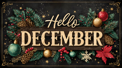 Festive christmas greeting with hello december phrase in rustic design