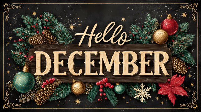 Festive christmas greeting with hello december phrase in rustic design
