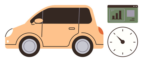 Naklejka premium Compact orange car accompanied by chart of performance data and clock. Ideal for mobility, analytics, speed, time, automotive technology, efficiency, modern transportation. Simple flat metaphor