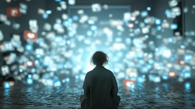 A person sitting on the floor, facing an overwhelming, rising stream of glowing blue digital icons and social media frames, symbolizes the feeling of information overload, pressure of social media. - Powered by Adobe