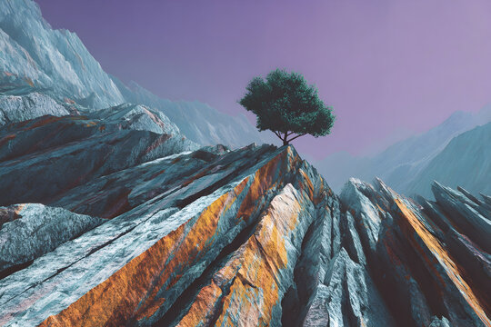 Surreal mountain landscape with diagonal striped cliffs and lone tree