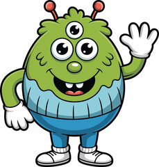 Cartoon alien character, green body, three eyes, waving hand, cheerful expression, space theme, vector illustration, digital artwork, kids content
