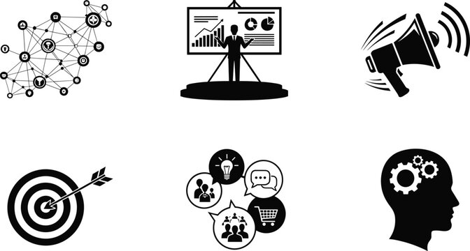 Business communication network, marketing strategy, leadership presentation, teamwork innovation, target success, digital idea exchange, data analysis concept, professional growth vector illustration