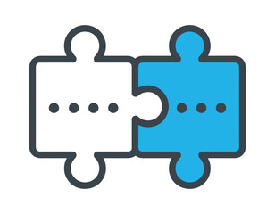 Two interlocking puzzle pieces, one white and one blue, with dotted lines, representing connection or communication