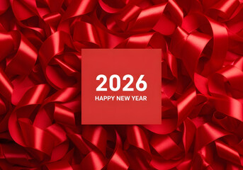 Happy new year 2026 greeting card on red ribbon background texture