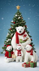 Fototapeta premium Festive Polar Bear Family Christmas Celebration with Decorated Tree and Gifts.