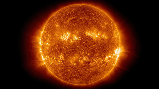 Stunning view of the Sun displaying solar flares and coronal loops captured through ultraviolet filter in deep space