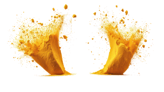 Two sets of turmeric powder splash overhead side by side on transparent background