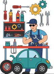 Mechanic Working on Teal Car Engine with Tools and Gears in Workshop