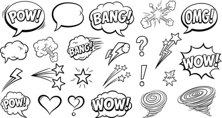 Comic Speech Bubbles with Cartoon Explosions, Heart, Tornado on Transparent Background