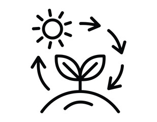 Plant growth cycle with sun and arrows indicating process