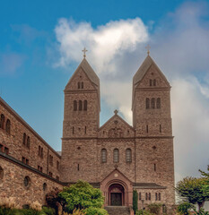 The facade of Eibingen Abbey (Abtei St. Hildegard) founded by Hildegard of Bingen in 1165, Rhine gorge, Rheingau, Hesse, Germany