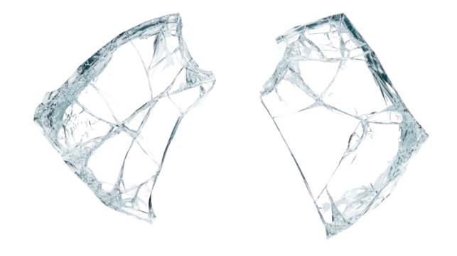 Two sharp shards of broken clear glass isolated on transparent background