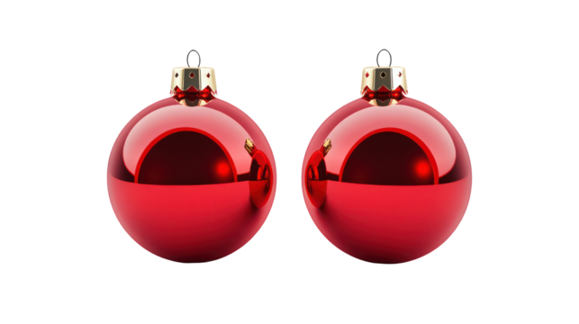 Two shiny red oval christmas ornaments isolated on transparent background