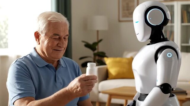 A smiling senior man receives medication from an advanced humanoid robot in a modern home setting.
