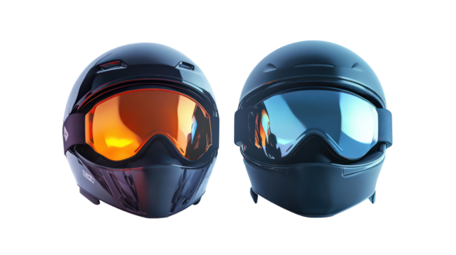 Two motorcycle helmets with mirrored visors isolated on transparent background