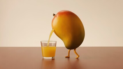 Funny mango with Legs Pouring Fresh Juice into Glass on Brown Background. made with generative Ai