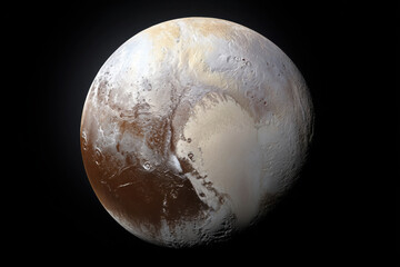 Naklejka premium Detailed view of Pluto, the icy dwarf planet with a surface of light brown and white patches, illuminated by sunlight against a dark backdrop