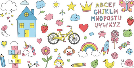 Fototapeta premium Cute Doodle with House, Bicycle, Rainbow, Lollipop, Stars and Unicorn