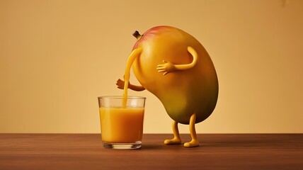Funny mango with Legs Pouring Fresh Juice into Glass on Brown Background. made with generative Ai