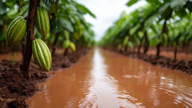 Cocoa Industry and Climate Change Concept. Flooded cocoa plantation after heavy rain, showing climate impact and sustainability challenges in cacao farming.