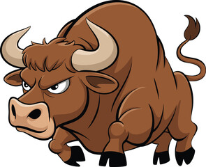 Fototapeta premium Cartoon bull illustration, muscular body, curved horns, aggressive stance, brown fur, intense eyes, vector artwork, digital design, power symbol