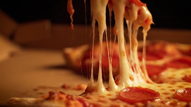Close-Up Pull of Pepperoni Pizza Slice with Gooey Cheese