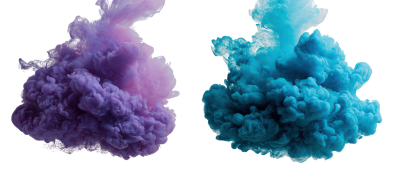 Two colorful ink clouds swirling in water isolated on transparent background