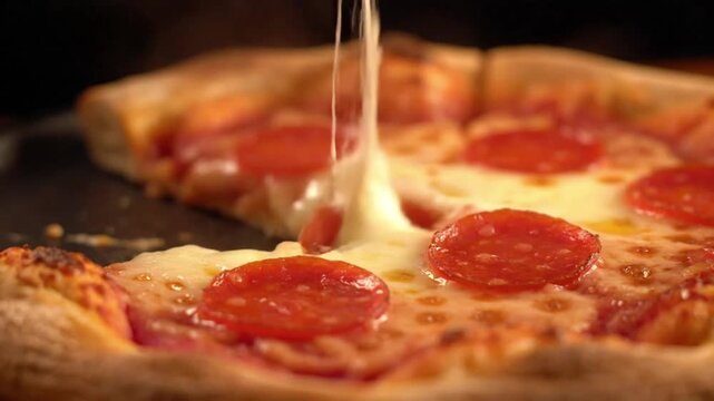Close-Up of Cheese Pull from Hot Pepperoni Pizza in 4K &ndash; Melty Cheese Visuals